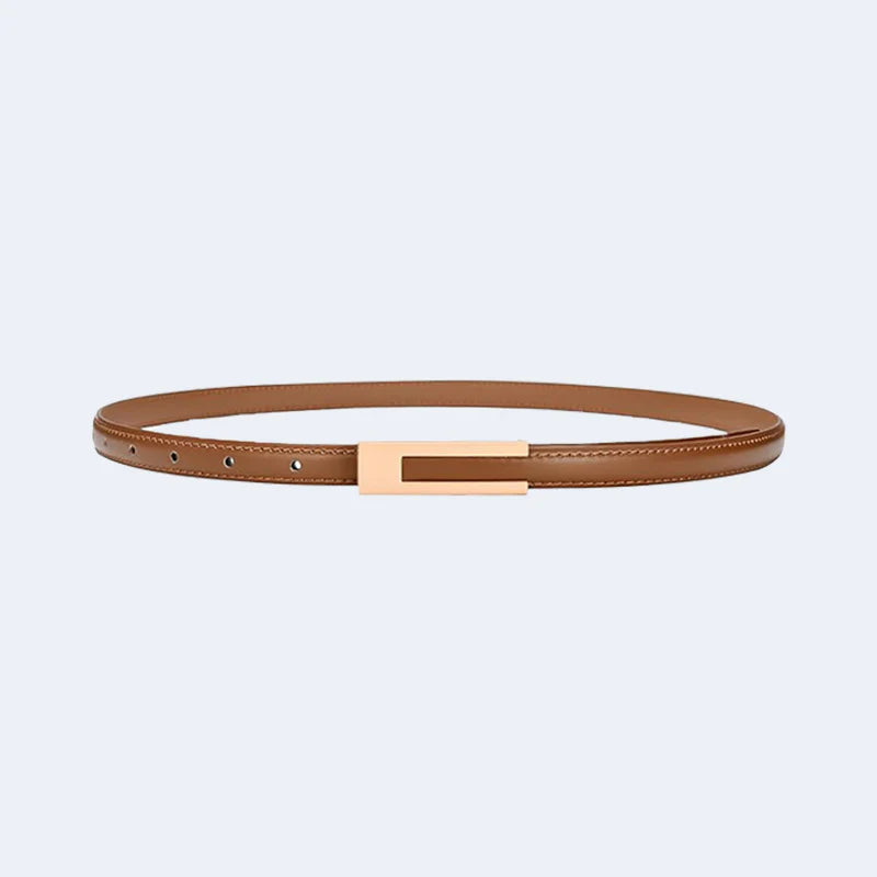 Brown leather belt with a rose gold buckle from Atala Scarves on a light gray background
