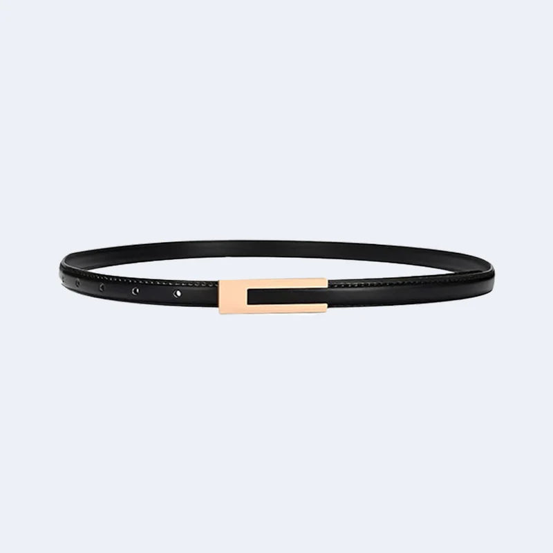 Black leather belt with a rose gold buckle from Atala Scarves on a light gray background