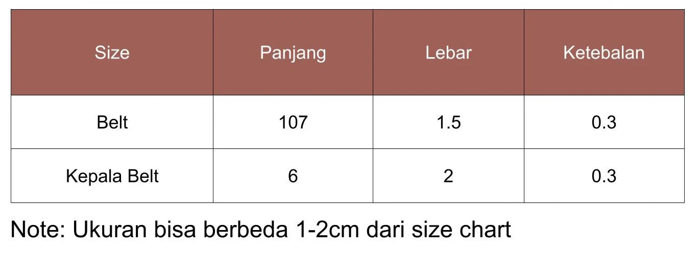 Size chart for belt dimensions including length, width, and thickness.