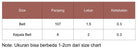 Size chart for belt dimensions including length, width, and thickness.