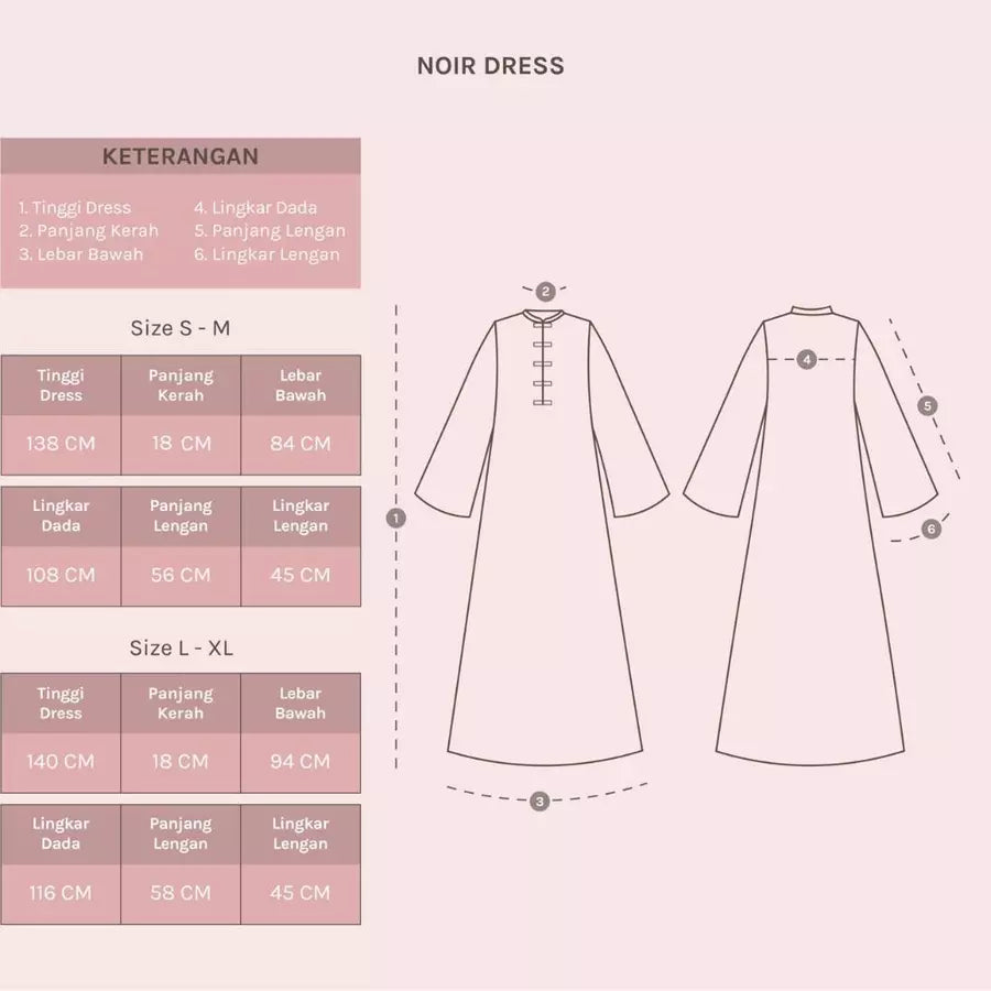 Measurement chart for Noir Dress by Lozy Hijab with size chart and dress illustration on a pink background