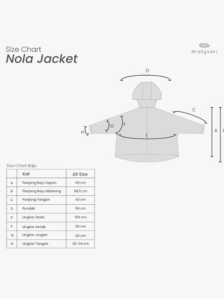 Size chart for Nola Jacket by Mistyvori with measurements on a white background