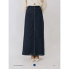 Navy denim pencil skirt by Swifter worn by a person on a light gray background