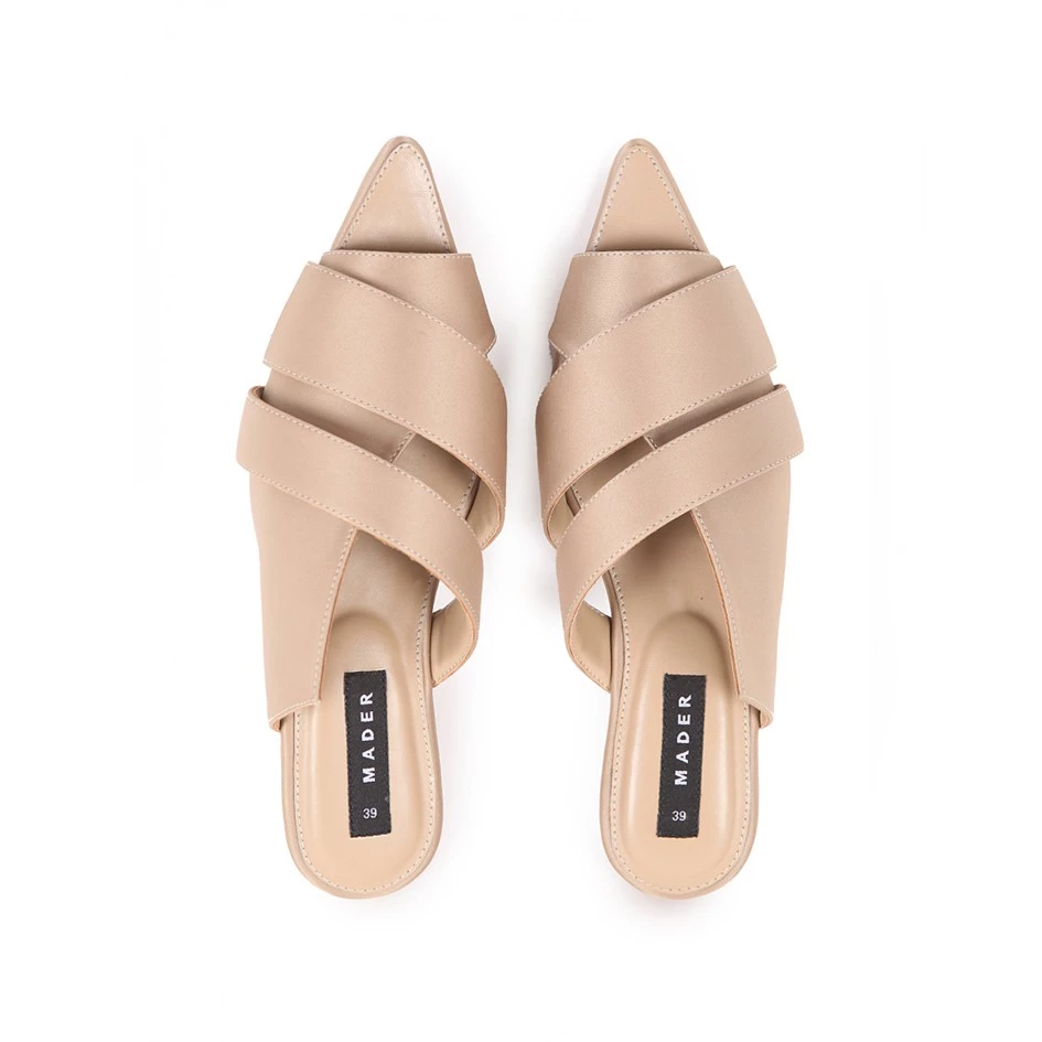 A pair of gold open toe mules with satin finish and double strap across the footbed, displayed on a white background.