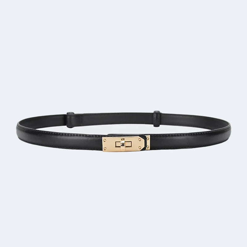Black belt with a gold buckle from Atala Scarves on a light gray background