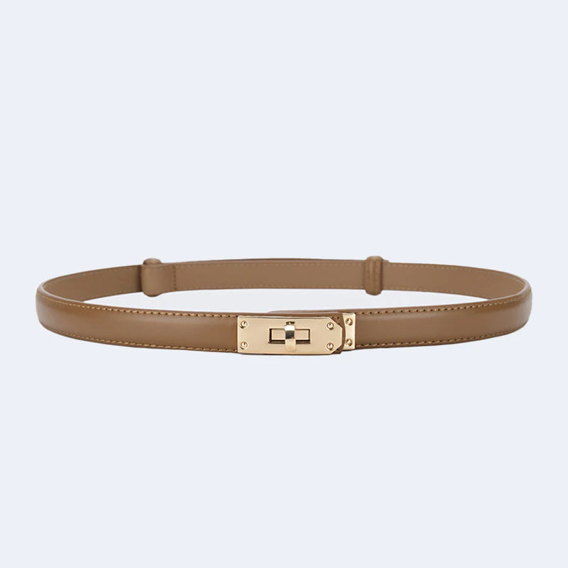 Brown belt with a gold buckle from Atala Scarves on a light gray background