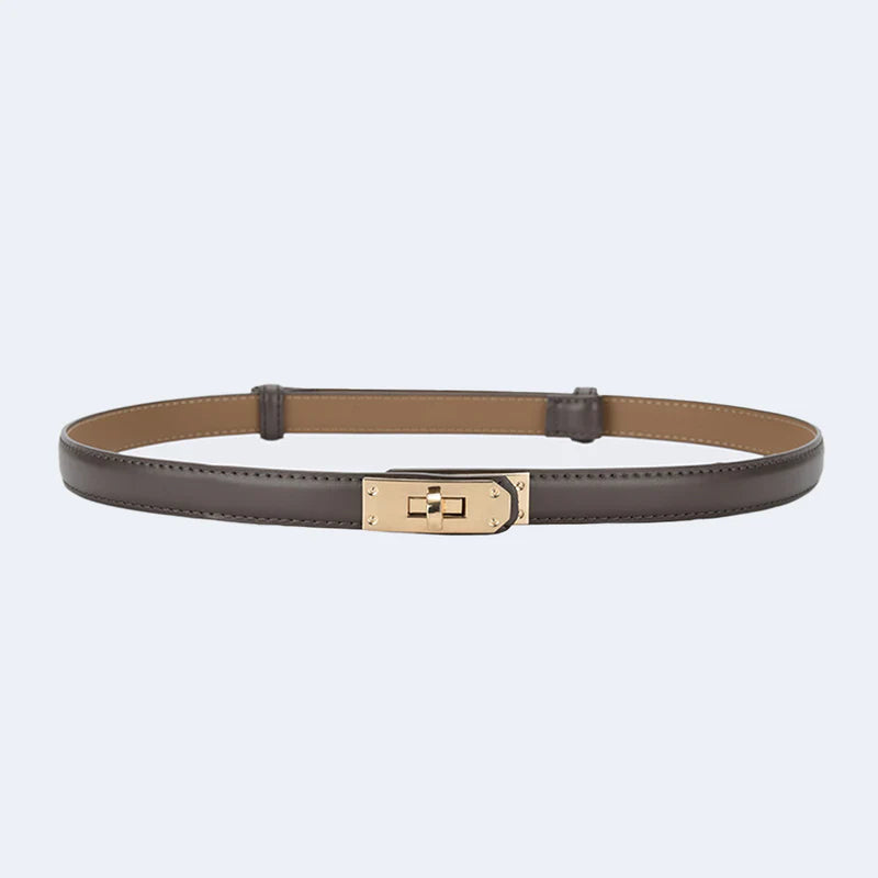 Khaki belt with a gold buckle from Atala Scarves on a light gray background