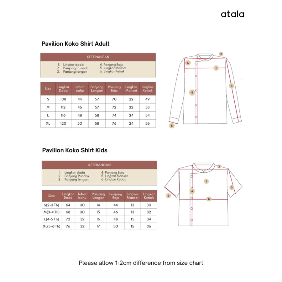 Size chart for Pavilion Koko Shirt Adult and Kids by Atala Scarves on a white background