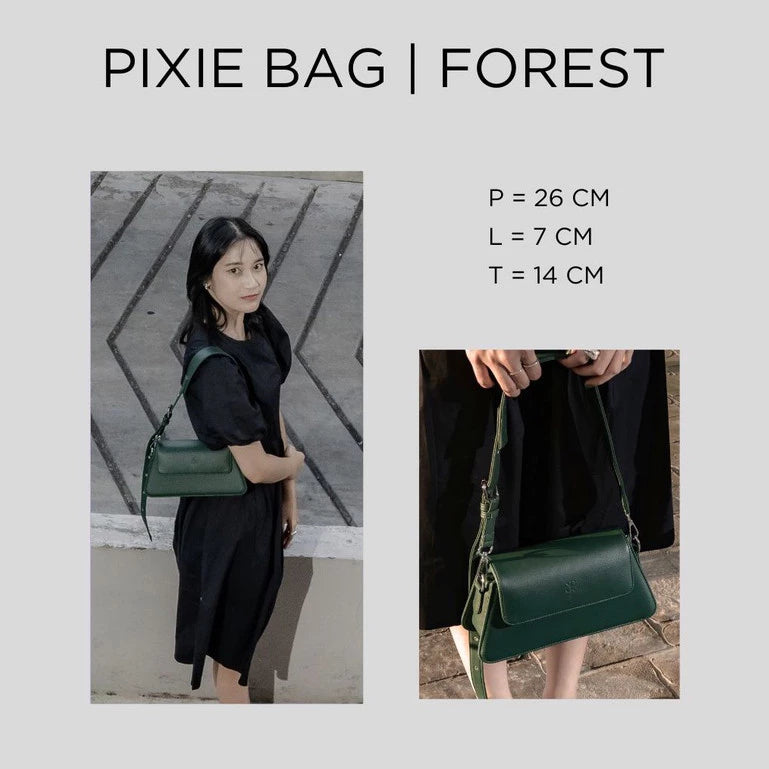 Green Pixie Bag by Prior held by a person with product dimensions displayed.
