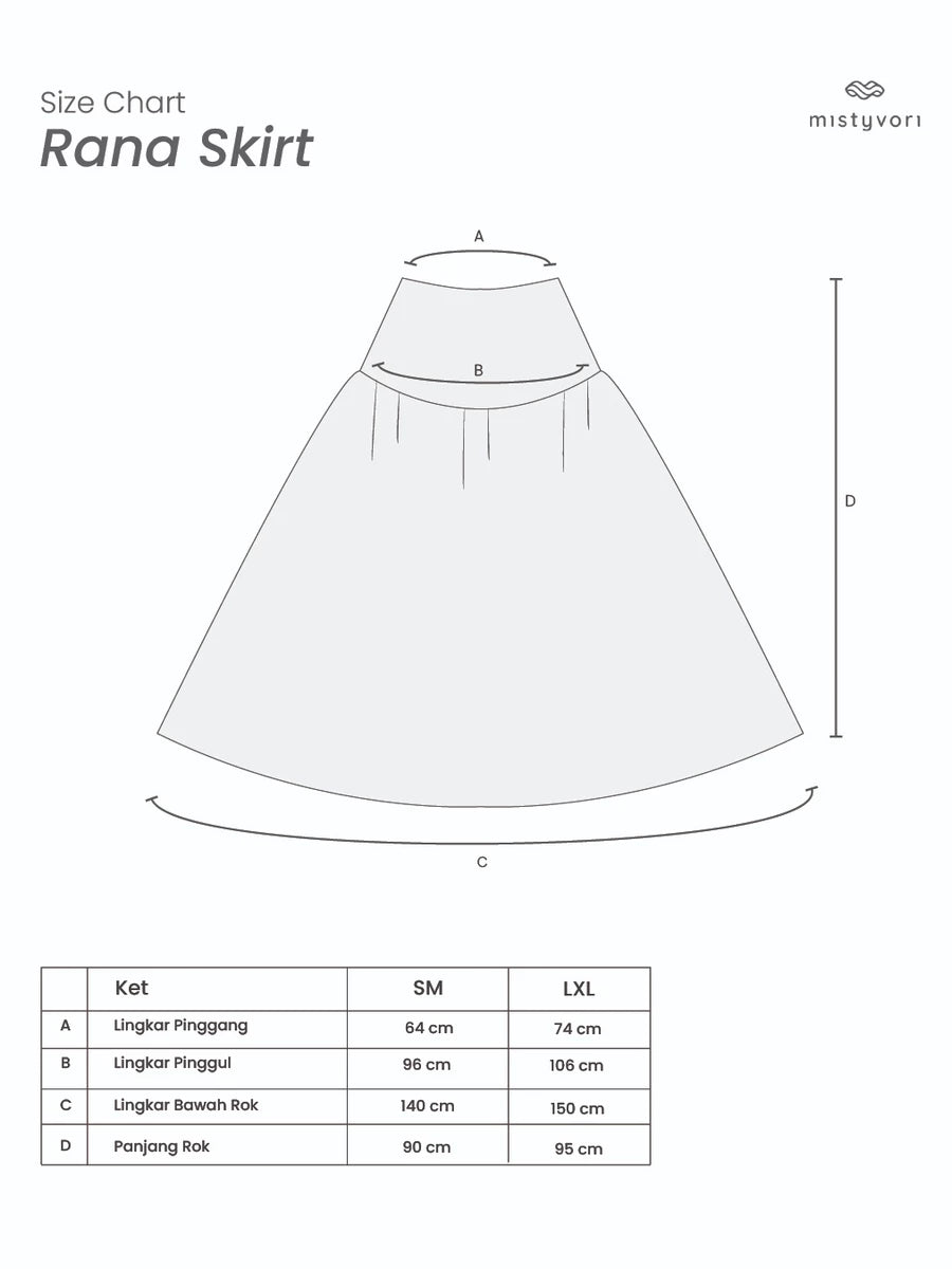 Size chart for Rana Skirt by Mistyvori with measurements in centimeters