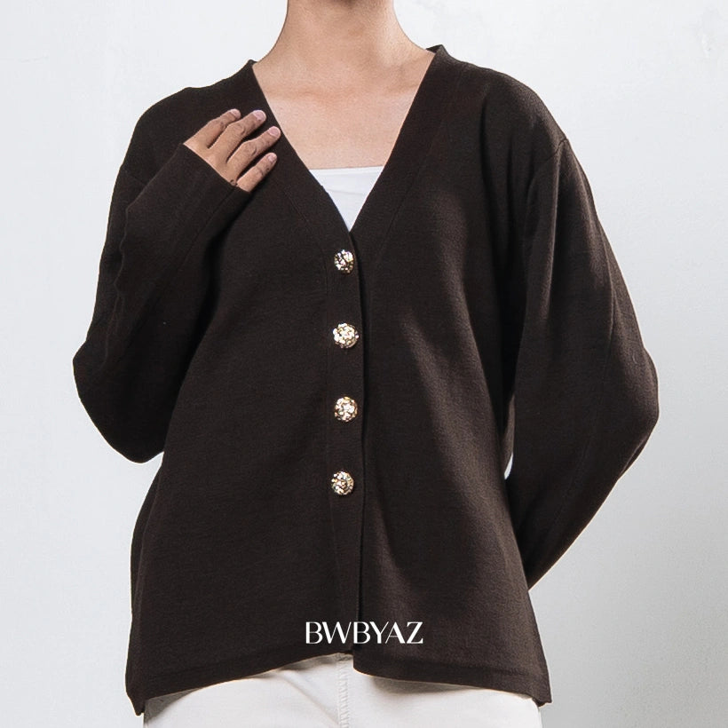 Brown cardigan with decorative buttons on a white background, featuring the brand 'BWBYAZ'.