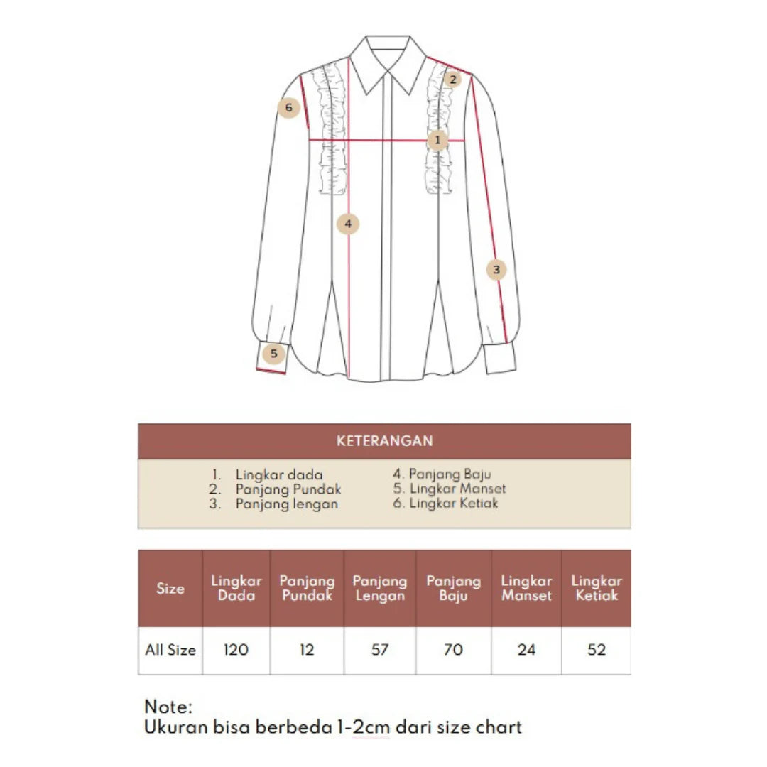 Measurement chart for Ruffle Shirt from Atala Scarves with labeled parts and size chart on a white background