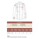 Measurement chart for Ruffle Shirt from Atala Scarves with labeled parts and size chart on a white background