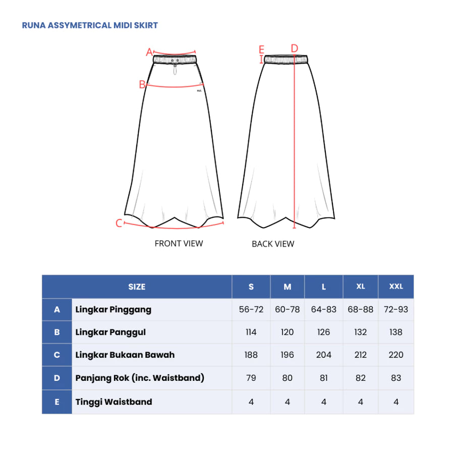Measurement chart for a Runa asymmetrical midi skirt by HIA with front and back views and size chart.