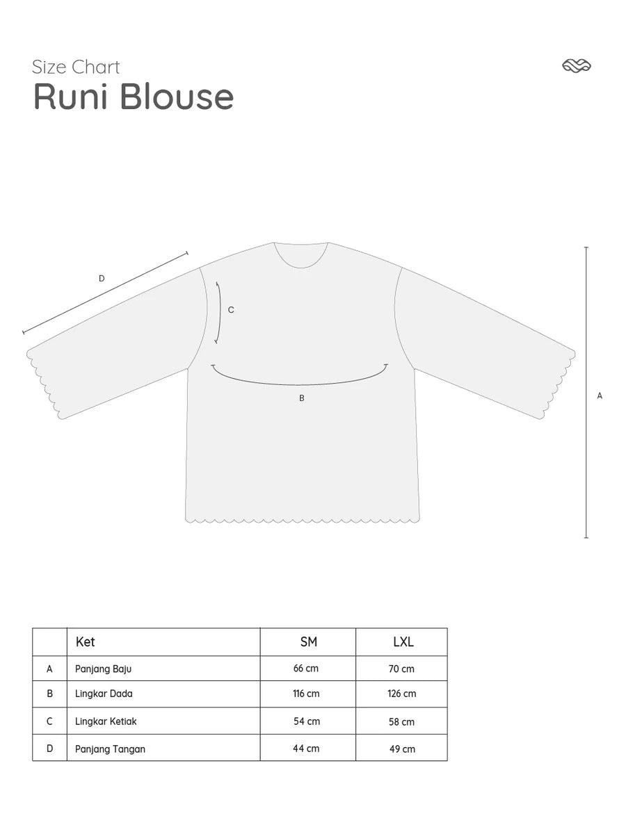 Size chart for Runi Blouse by Mistyvori with measurements in centimeters