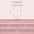 Measurement chart for Sabiya French Khimar by Lozy Hijab with dimensions on a pink background