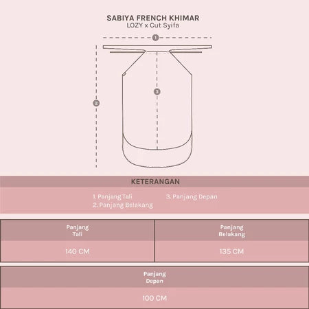 Measurement chart for Sabiya French Khimar by Lozy Hijab with dimensions on a pink background
