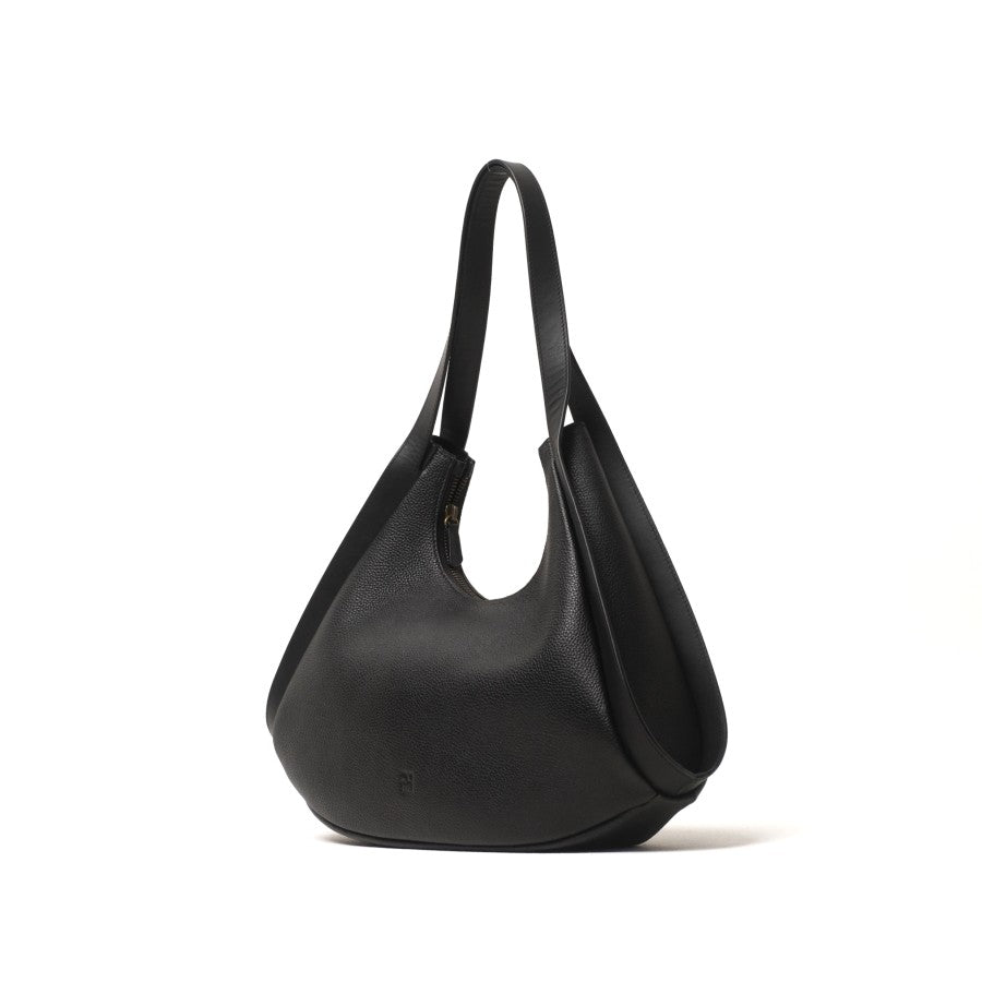 A black leather handbag with a zipper closure and a shoulder strap from purotti.