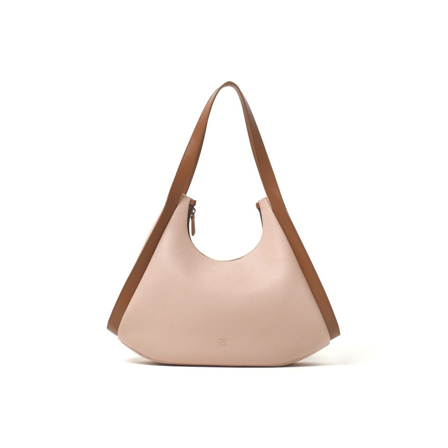 A pink and brown leather handbag with a zipper closure and a shoulder strap from purotti.