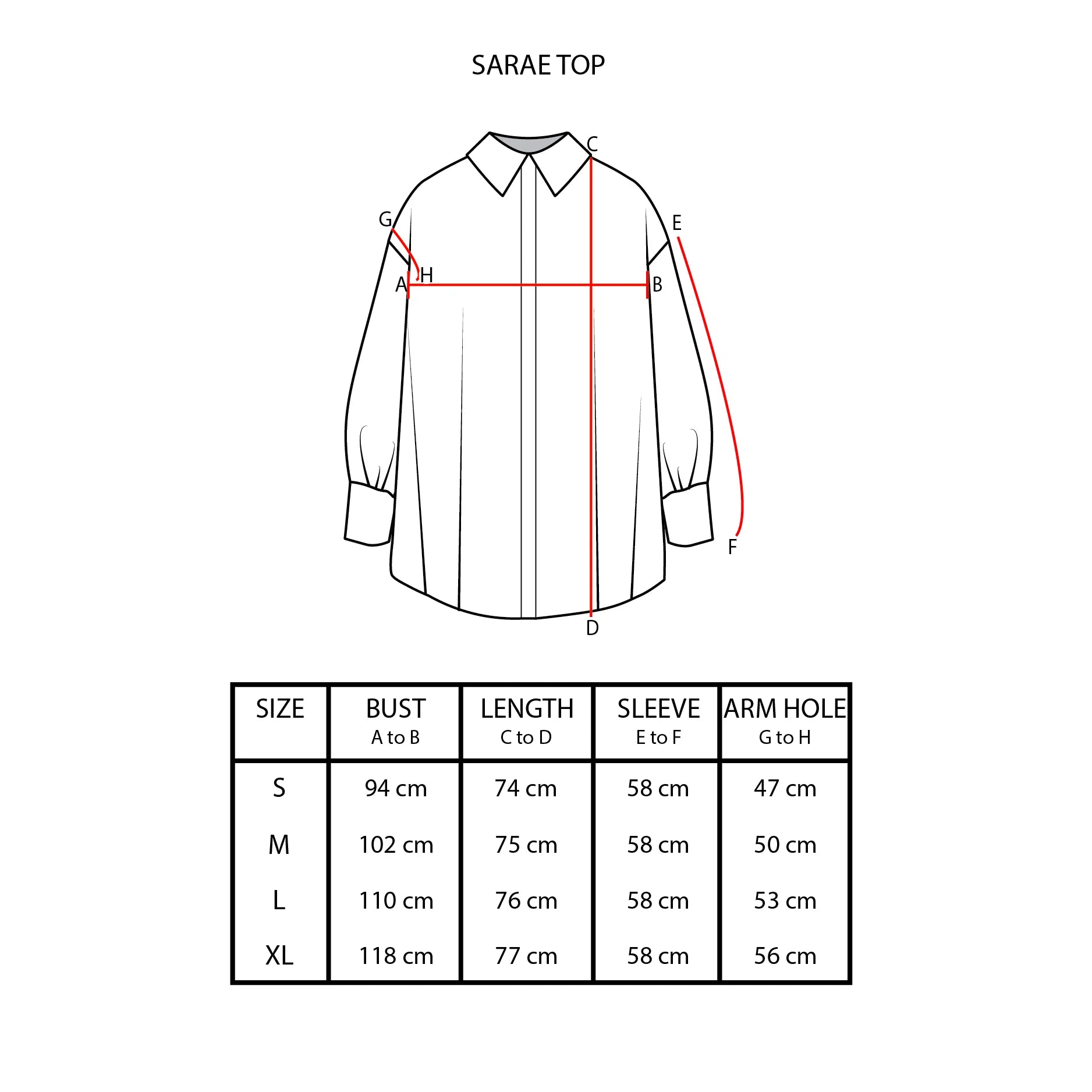 Measurement chart for a 'SARAE TOP' by Hijabchic with dimensions and size chart on a white background