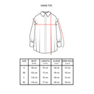 Measurement chart for a 'SARAE TOP' by Hijabchic with dimensions and size chart on a white background