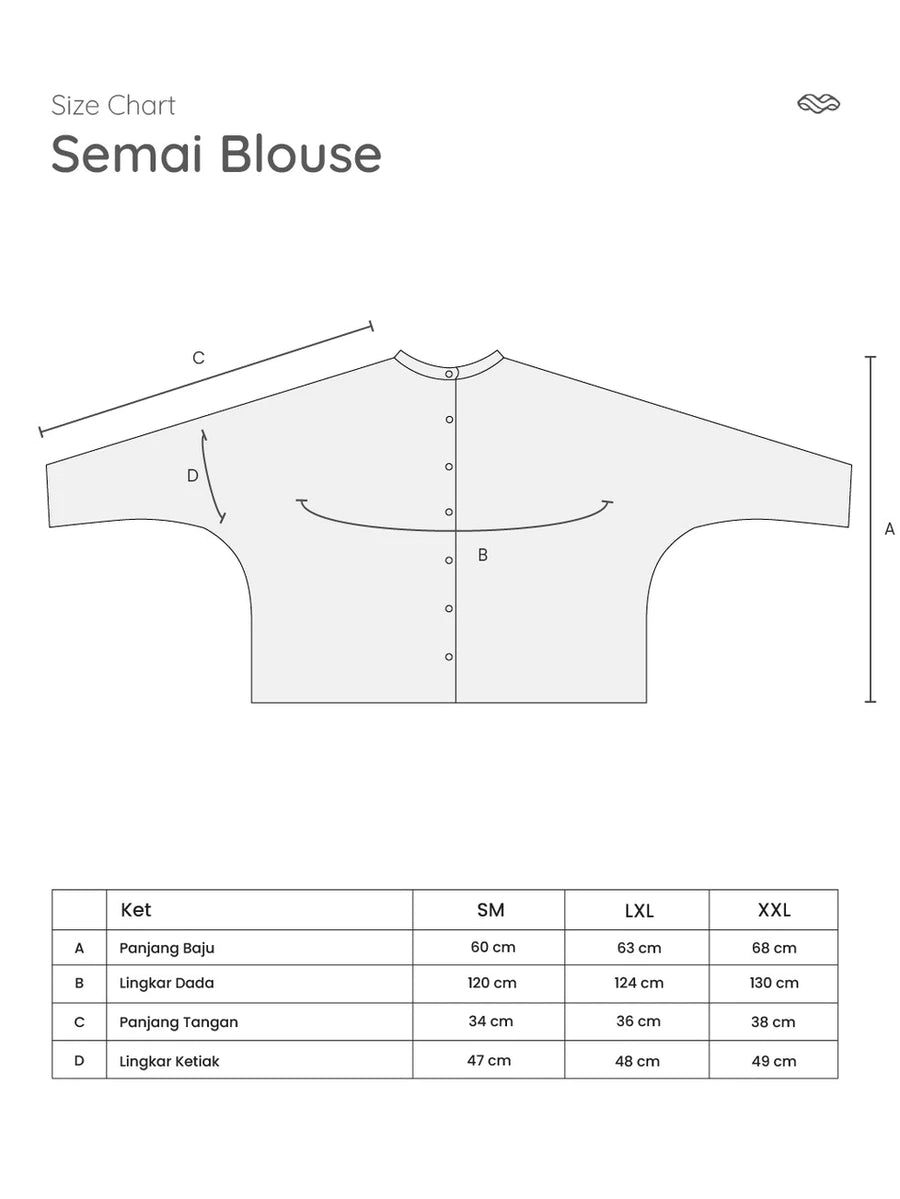 Size chart for the Semai Blouse by Mistyvori, showing a front measurement diagram with labeled points A, B, C, and D, plus a table with measurements for Small, XL, and XXL.