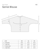 Size chart for the Semai Blouse by Mistyvori, showing a front measurement diagram with labeled points A, B, C, and D, plus a table with measurements for Small, XL, and XXL.