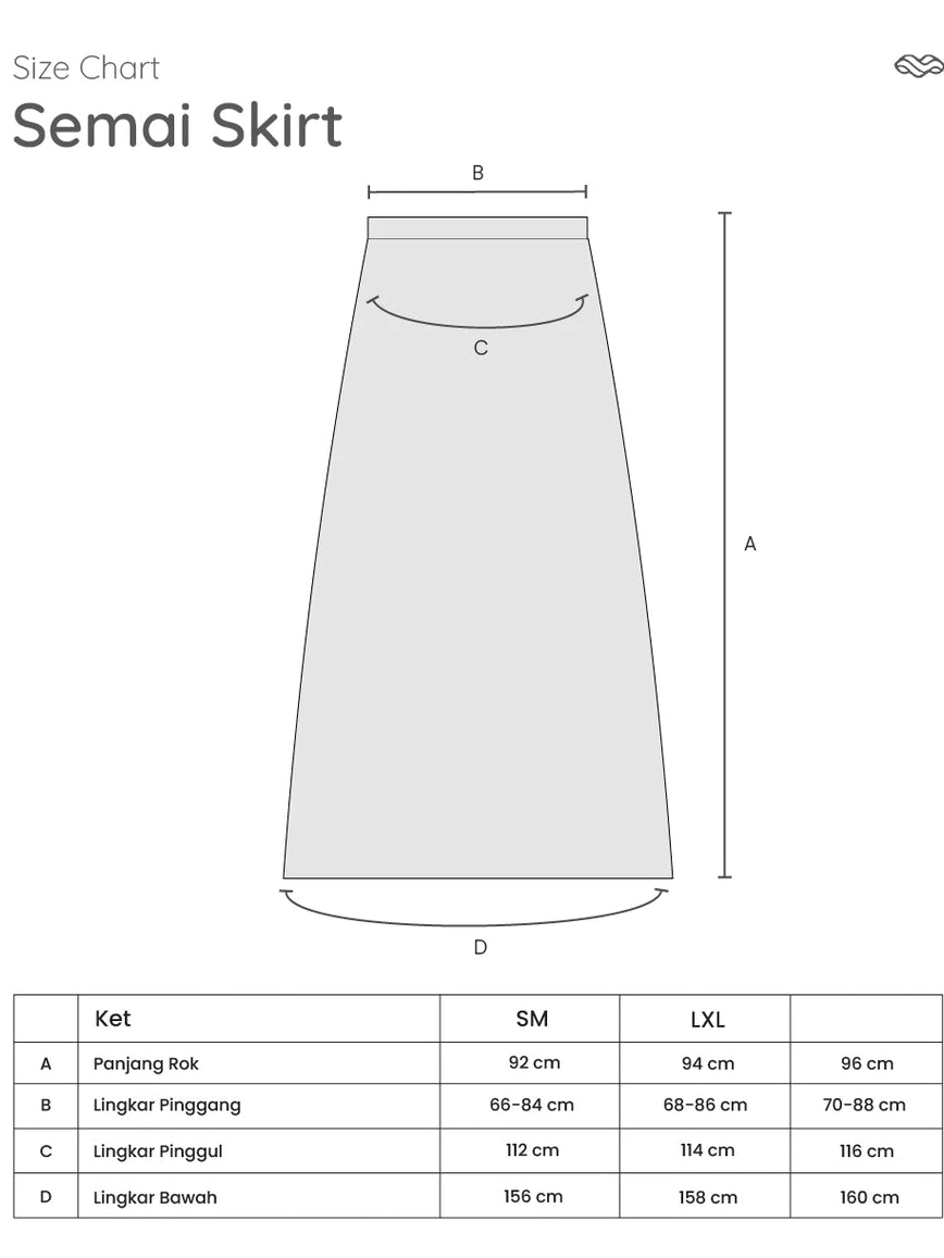 Size chart diagram for a Semai Skirt by Mistyvori showing labeled measurements A, B, C, and D on a simple skirt outline, with a size table below for SM and LXL.