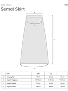 Size chart diagram for a Semai Skirt by Mistyvori showing labeled measurements A, B, C, and D on a simple skirt outline, with a size table below for SM and LXL.