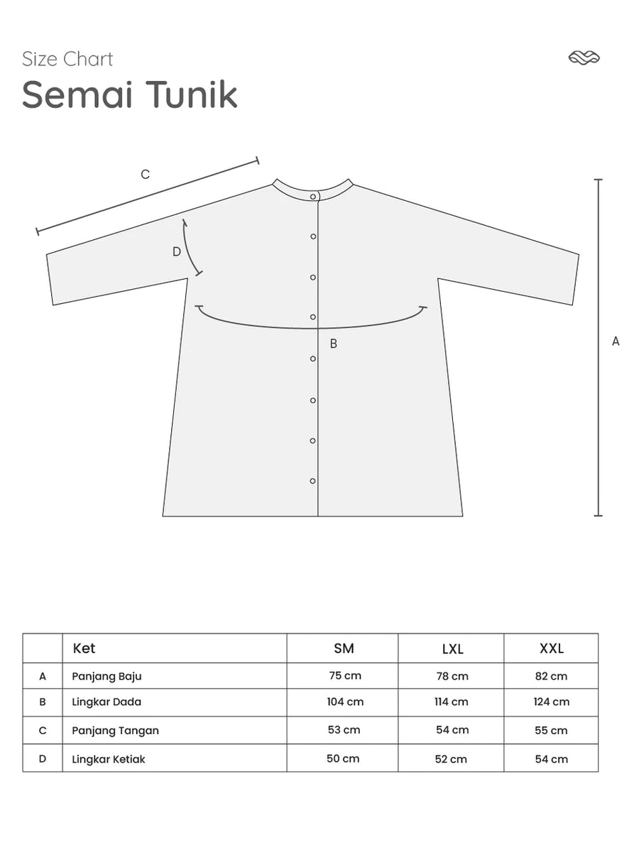 A size chart diagram for a long-sleeve button-front top titled 'Semai Tunik' by Mistyvori, showing a simple line drawing with labeled measurements A, B, C, and D, plus a size table for SM, XL, and XXL.