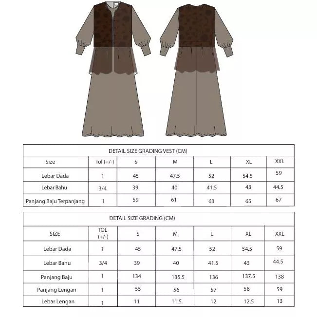 Measurement chart for a Seruni Gamis by Tunique with size grading details.
