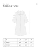 Size chart for Sesama Tunik by Mistyvori with measurements on a white background