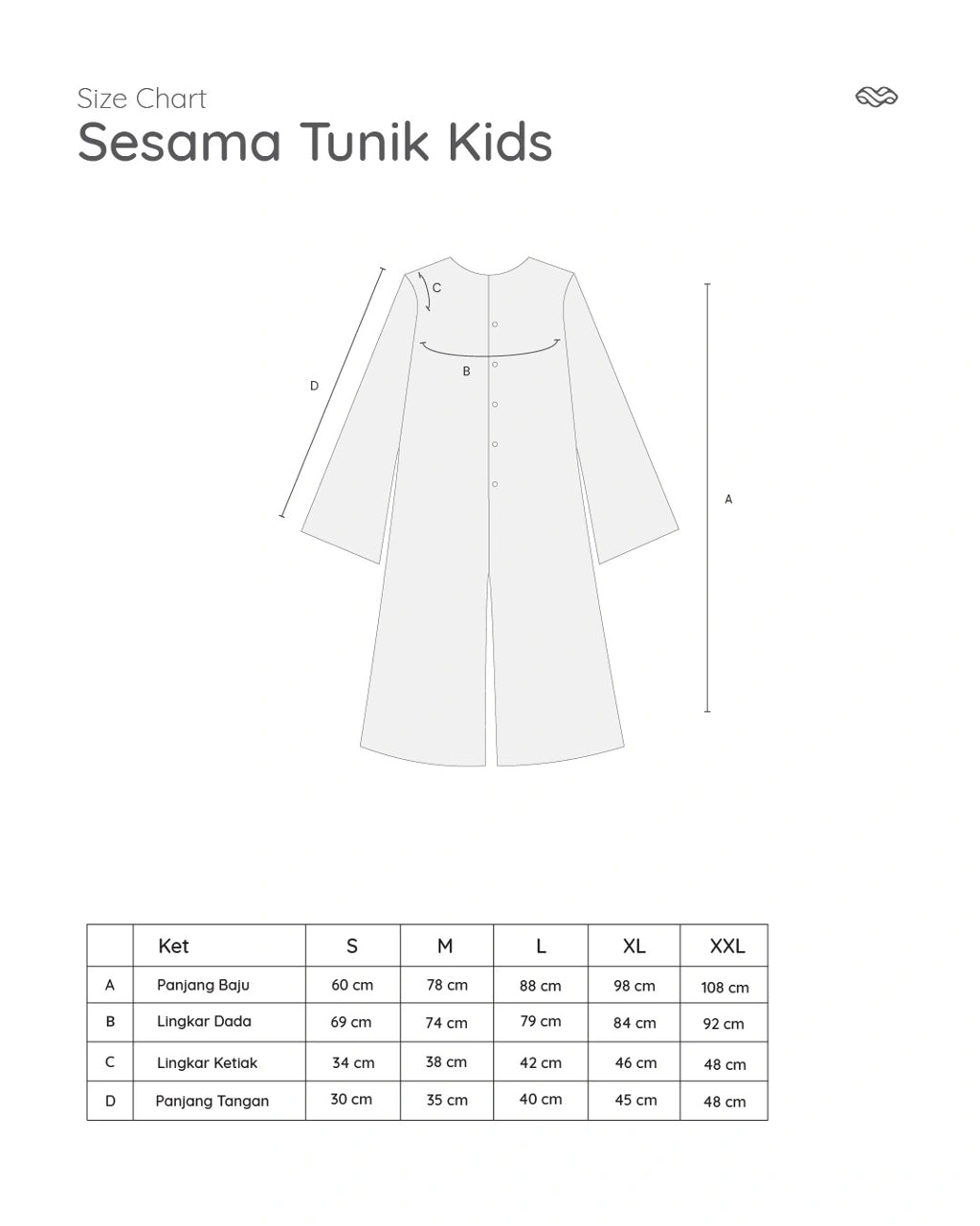 Size chart for Sesama Tunik Kids with a white dress illustration and measurement details.