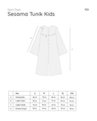 Size chart for Sesama Tunik Kids with a white dress illustration and measurement details.