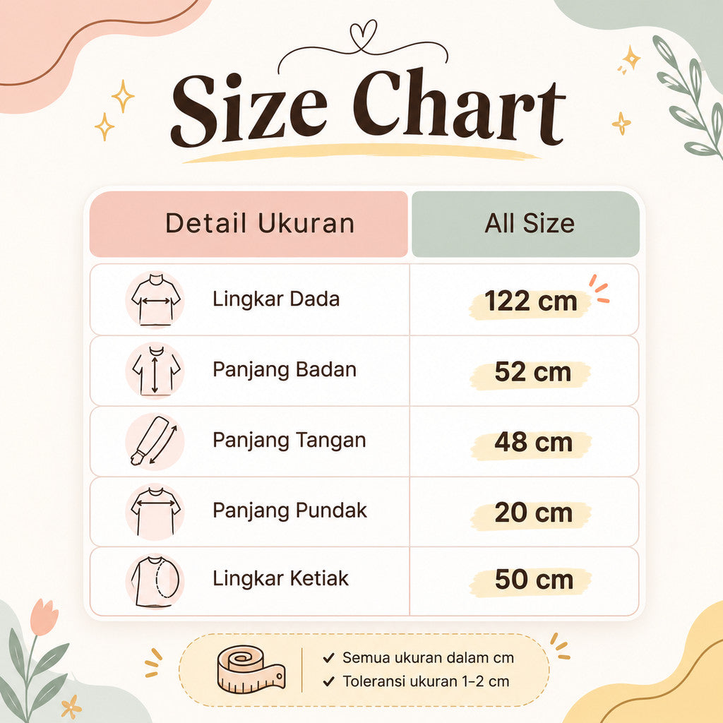 A size chart graphic for Soeny Jacket by Haidee Orlin in Indonesian with a table listing garment measurements: chest circumference 122 cm, body length 52 cm, arm length 48 cm, leg length 20 cm, and waist/hip circumference 50 cm. The design uses soft pastel colors and simple line icons on a cream background.