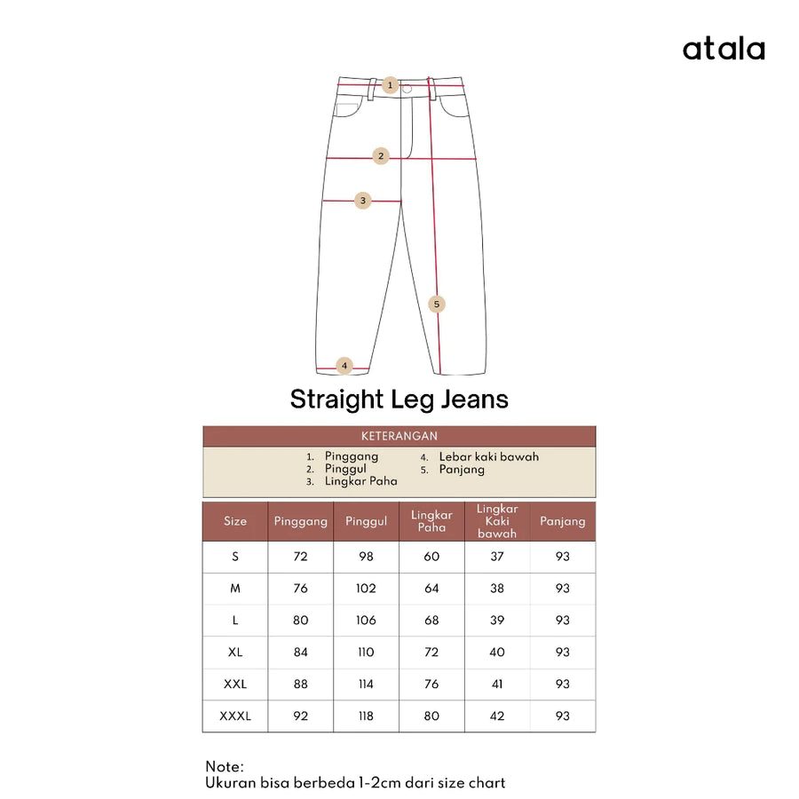 A size chart and measurement diagram for Atala Straight Leg Jeans, showing labeled front-view measurements on a line drawing of the pants and a size table in Indonesian.