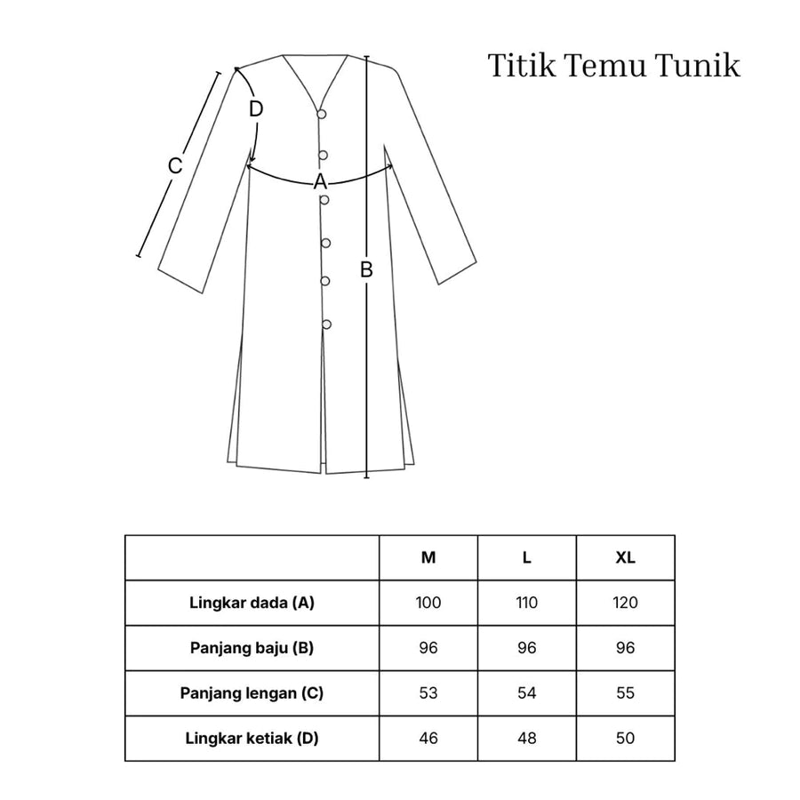 A size measurement diagram for a long-sleeve tunic dress, showing labeled front measurements A, B, C, and D with a size table below for M, L, and XL chest, waist, and sleeve measurements.