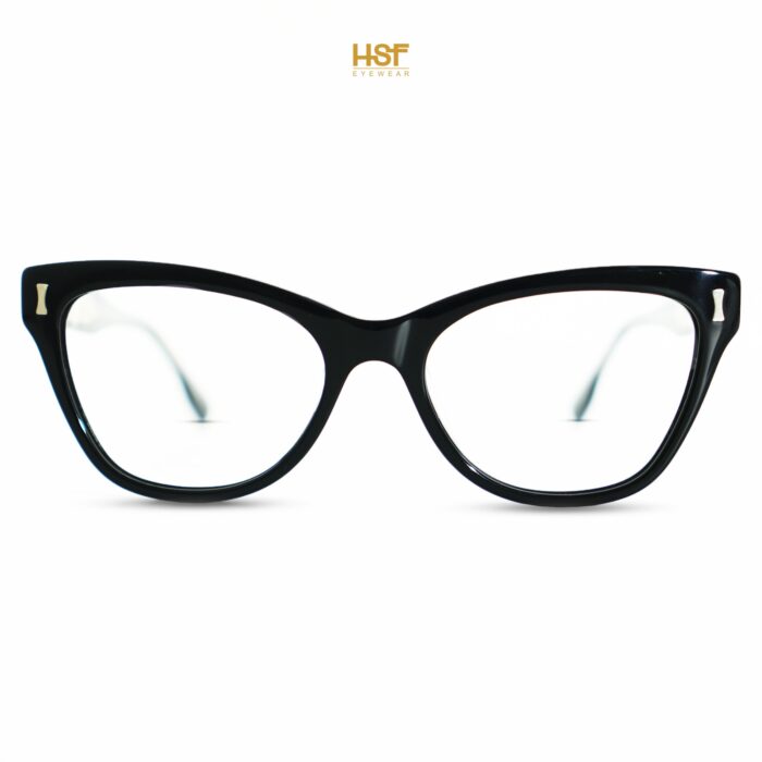 Black cat-eye glasses on a white background with 'HSF Eyewear' branding.