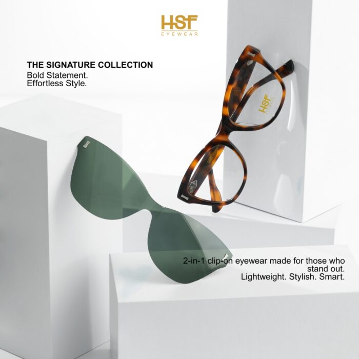 2-in-1 clip-on eyewear with tortoiseshell frame and green lenses on a white background, featuring HSF Eyewear branding.