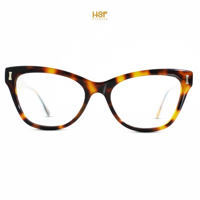 Tortoiseshell cat-eye glasses on a white background with 'HSF Eyewear' branding.