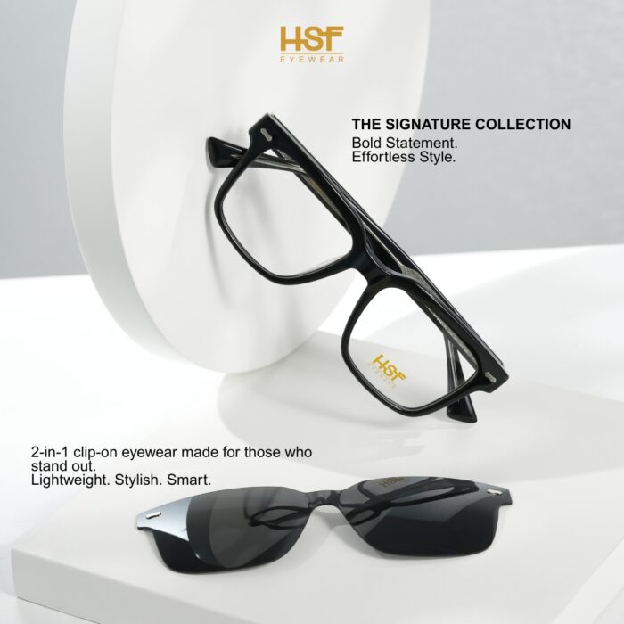 Black clip-on eyewear on a white background with HSF Eyewear branding.