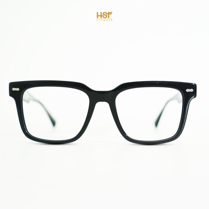 Black eyeglasses on a white background with 'HSF Eyewear' branding.