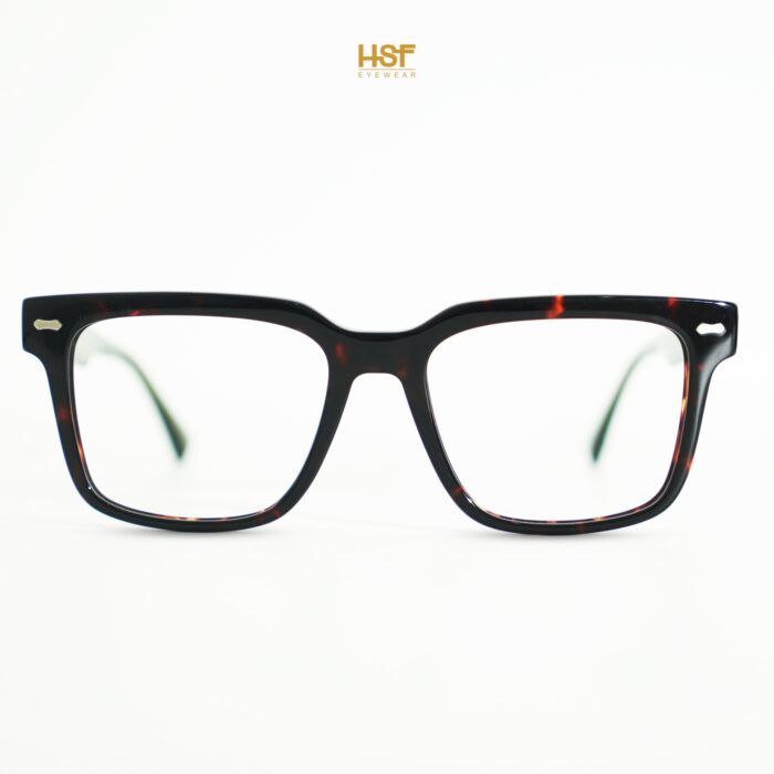 Black and red tortoiseshell eyeglasses on a white background with 'HSF Eyewear' logo.