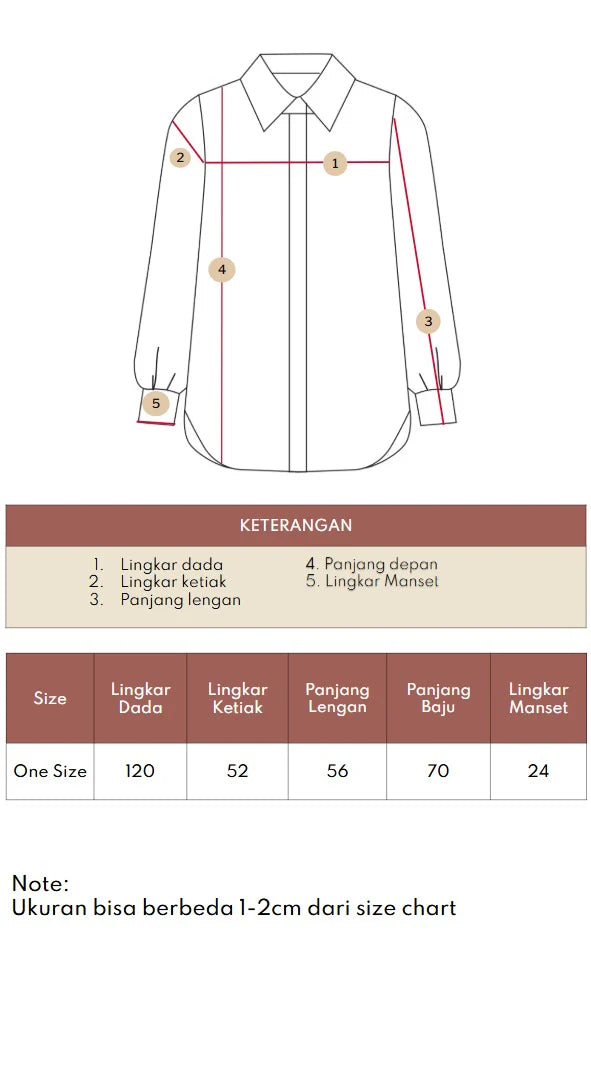 Measurement chart for a shirt from Atala Scarves with labeled parts and size chart below.