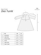Size chart for Zea Tunic by Mistyvori with measurements on a white background