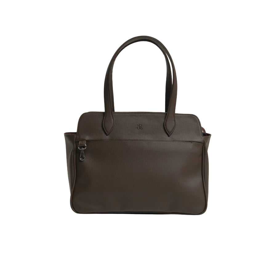 Brown leather handbag by Prior on a white background
