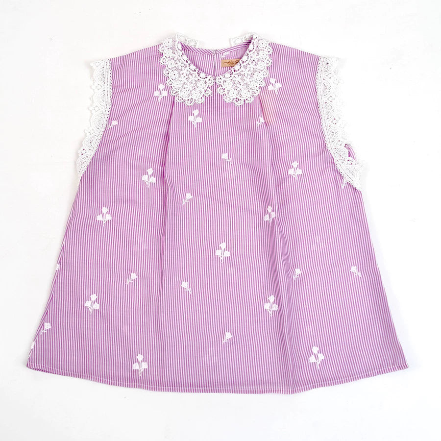 Purple and white striped embroidered blouse by Holy Peony with lace collar on a white background