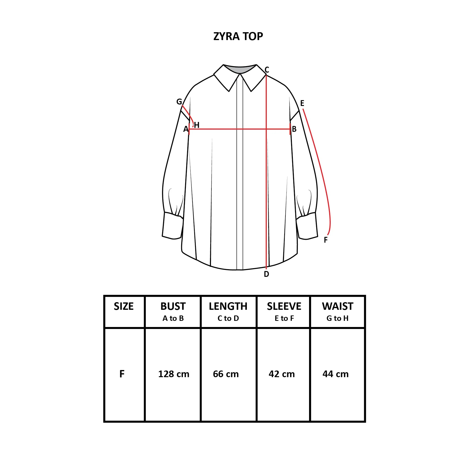 Measurement chart for a Zyra top by Hijabchic with labeled dimensions on a white background