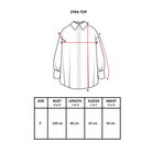 Measurement chart for a Zyra top by Hijabchic with labeled dimensions on a white background
